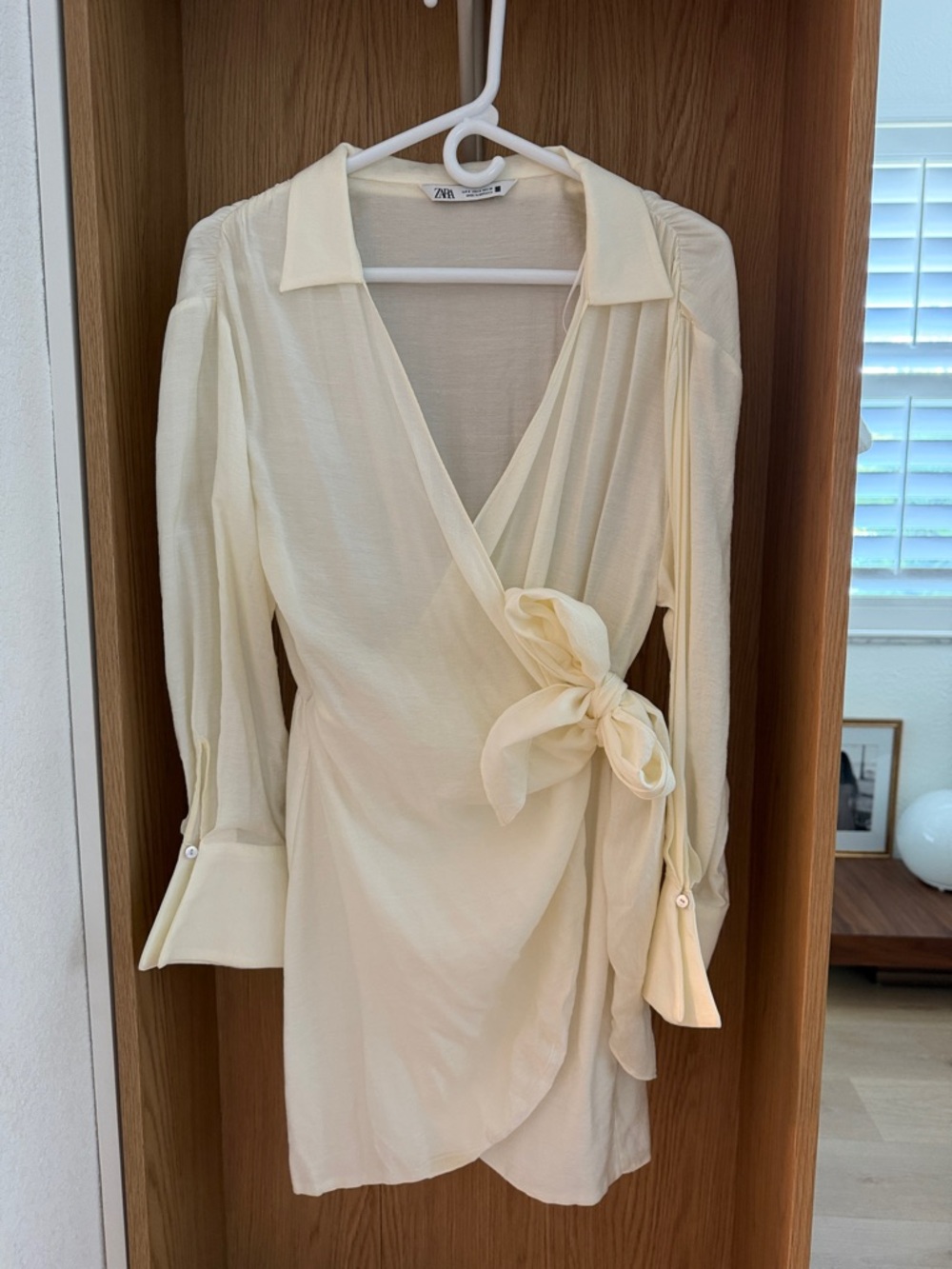 Zara Light Cream Wrap Mini Dress with Waist Tie